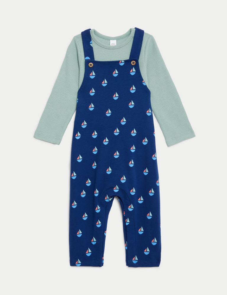 2pc Cotton Rich Boat Print Dungaree Outfit (0-3 Yrs) 2 of 10
