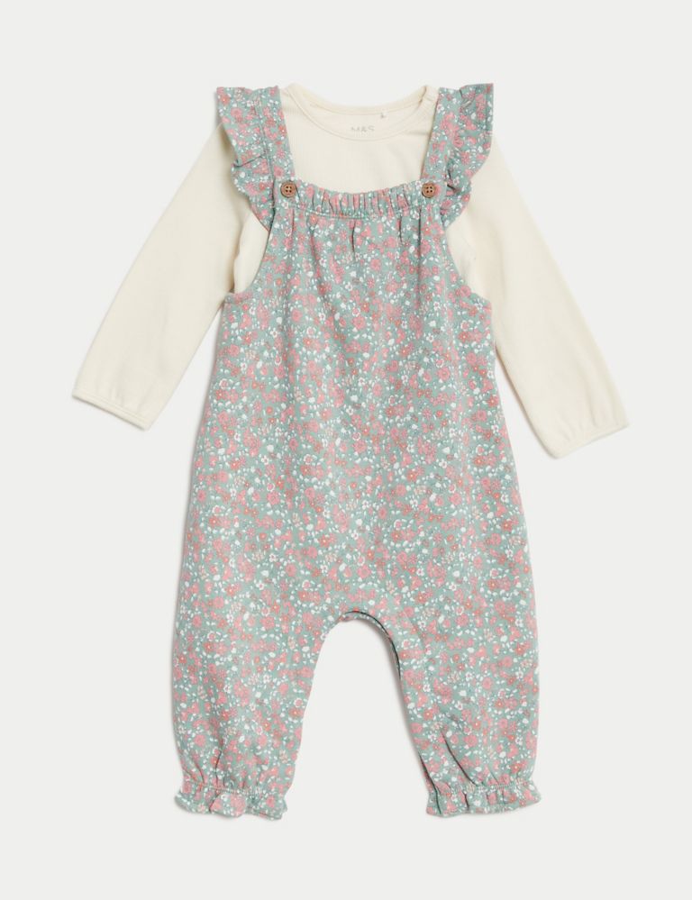 2pc Cotton Rich Ditsy Floral Dungaree Outfit (0-3 Yrs) 1 of 6