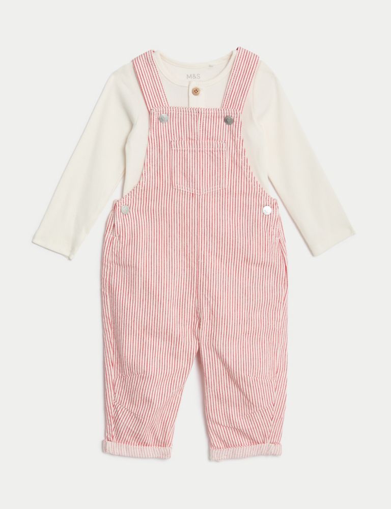 2pc Cotton Rich Striped Dungaree Outfit (0-3 Yrs) 2 of 9