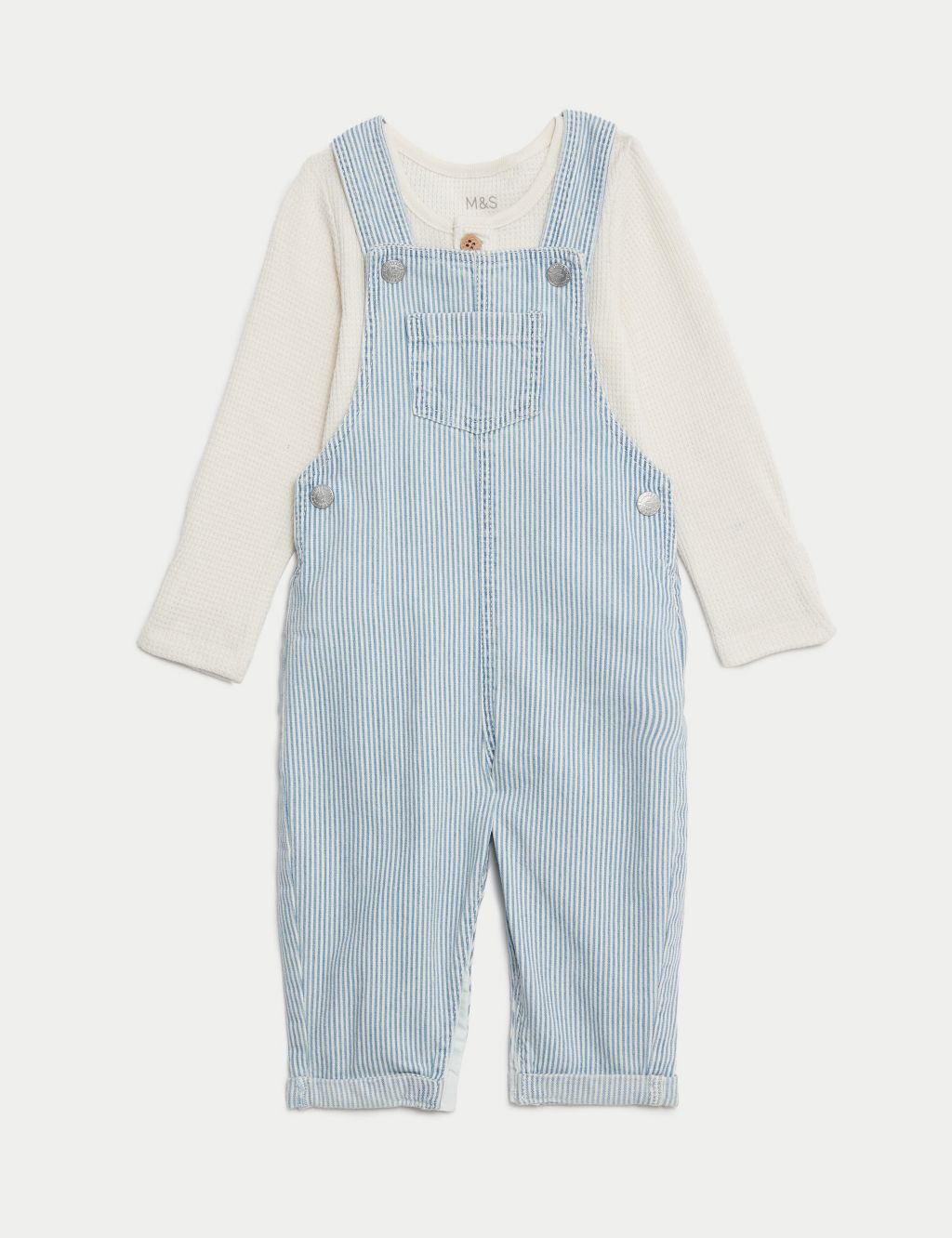 2pc Cotton Rich Striped Dungaree Outfit (0-3 Yrs) 1 of 8