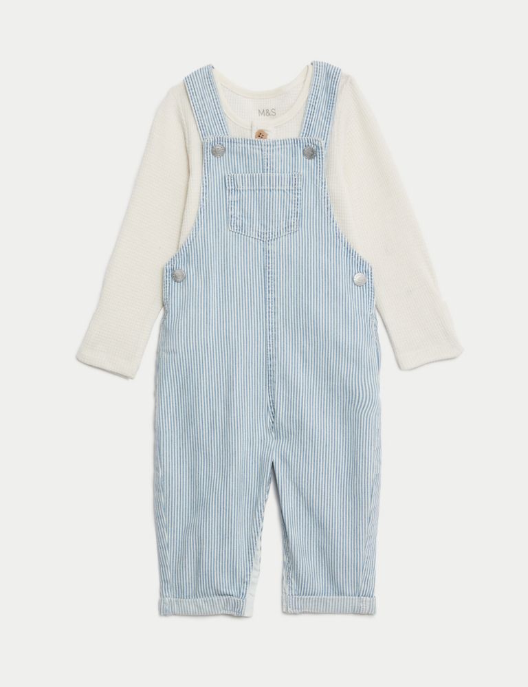 2pc Cotton Rich Striped Dungaree Outfit (0-3 Yrs) 2 of 8