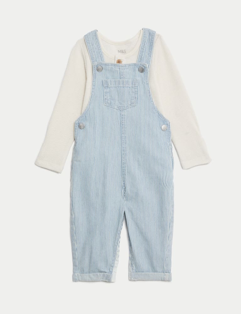 2pc Cotton Rich Striped Dungaree Outfit 0 3 Yrs