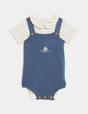 2pc Pure Cotton Knitted Dungaree Outfit (0-12 Mths) Image 2 of 8