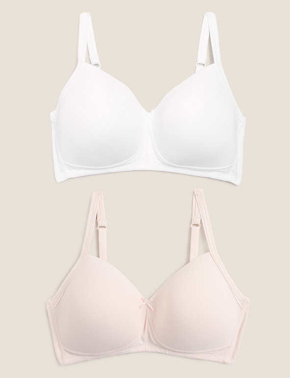 NEW M&S 2 PACK COTTON RICH NON-WIRED T-SHIRT BRA 34AA IN WHITE MIX 