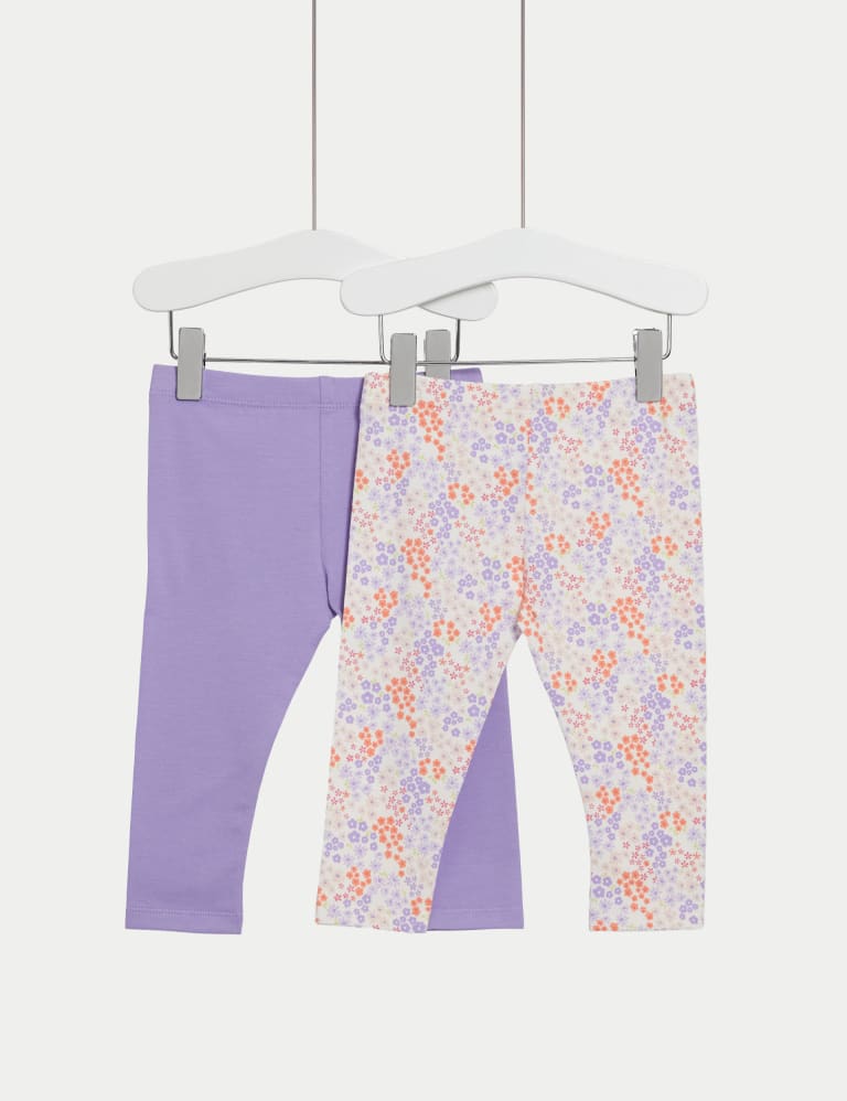2pk Cotton Rich Plain Floral Leggings 0 3 Yrs