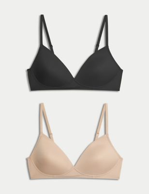 M&S Womens 2pk Non-Wired Bralette First Bra AA-D - 28A - Black