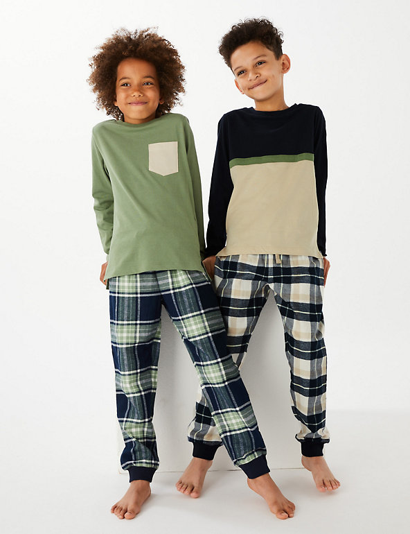 Boys Pyjamas Plain Long Sleeve Top & Woven Black Green Tartan Check Bottoms Childrens 
