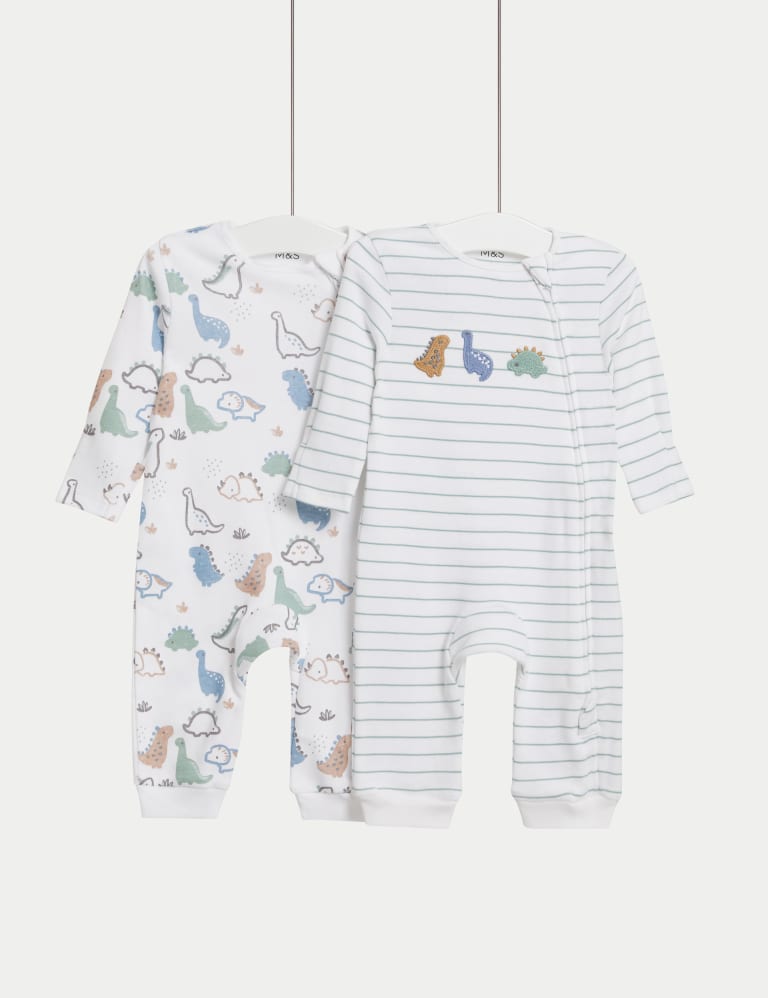 2pk Pure Cotton Dinosaur Sleepsuits (0-3Yrs) 1 of 4