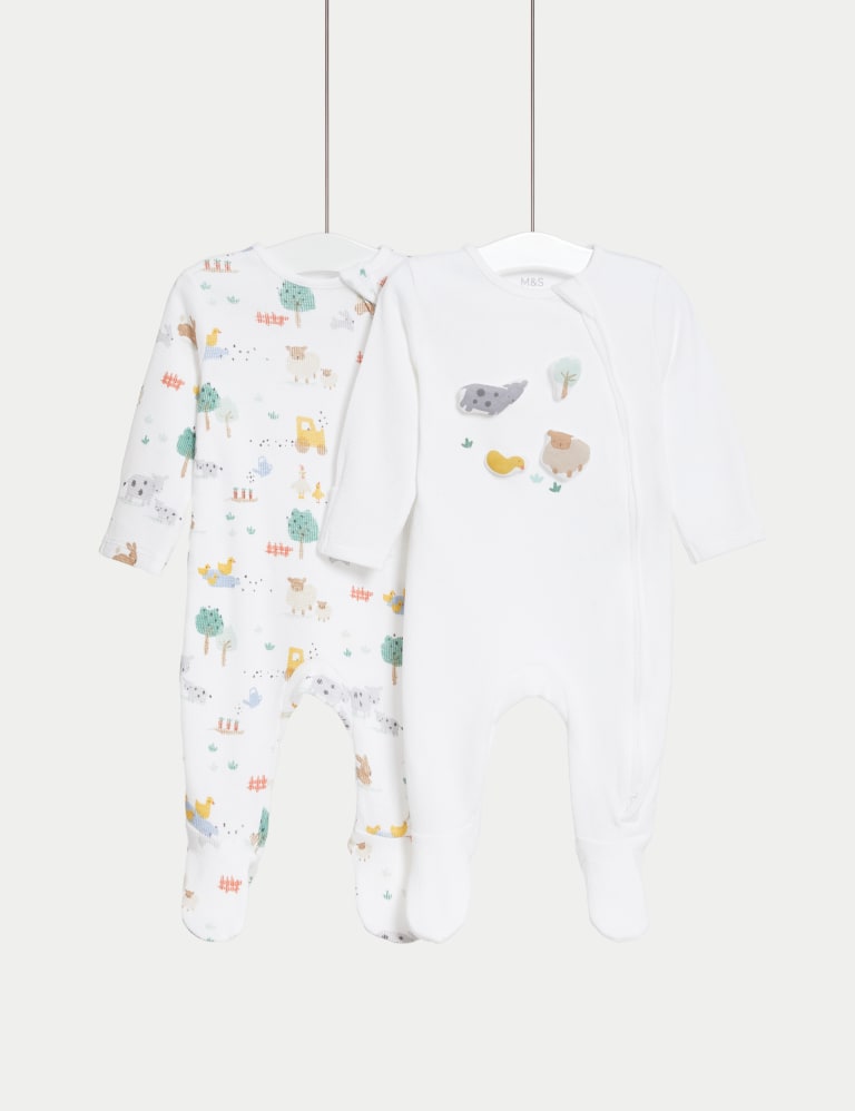 2pk Pure Cotton Farmyard Sleepsuits (0-3 Yrs) 1 of 6