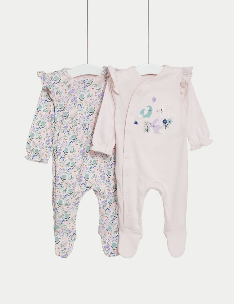 2pk Pure Cotton Floral Sleepsuits (0-3 Yrs) 1 of 4