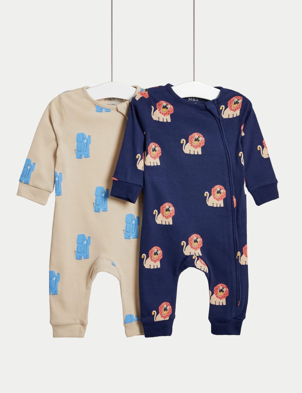 2pk Pure Cotton Lion Elephant Sleepsuits 6 lbs 3 Yrs M S