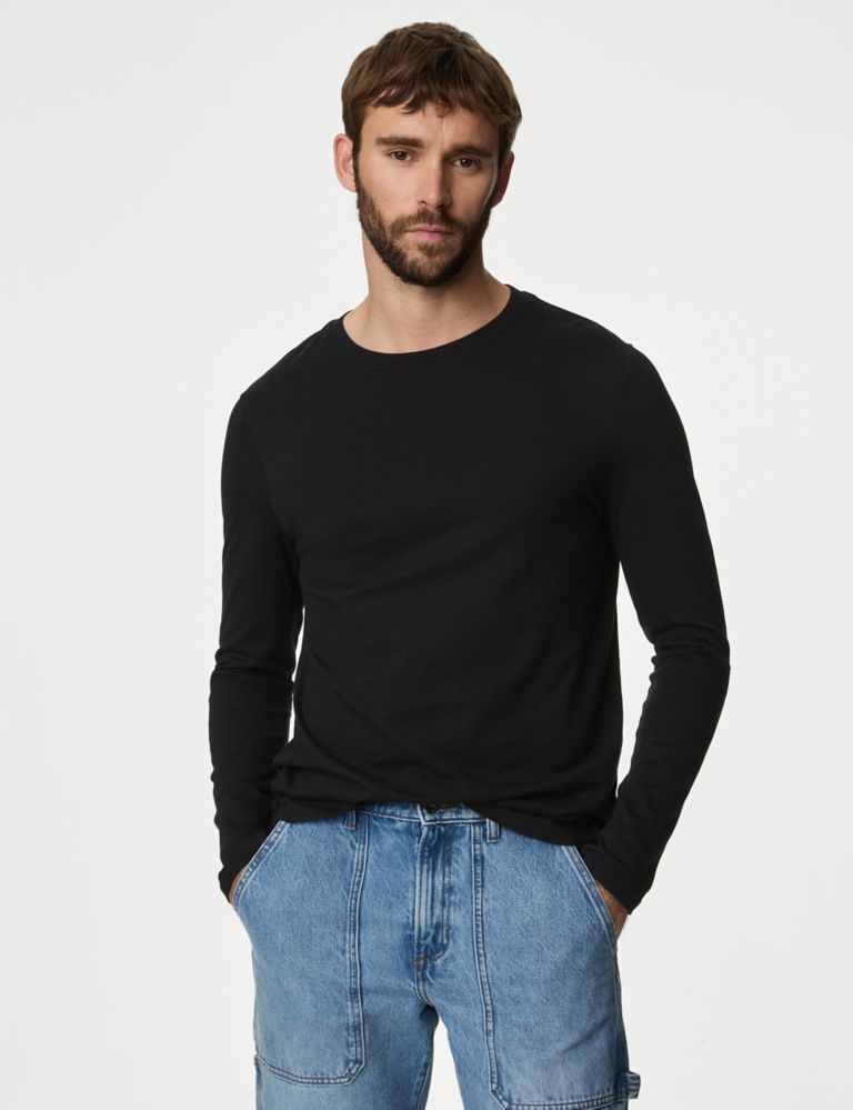 M&S Mens 2pk Pure Cotton Long Sleeve T-Shirts - SREG - Black