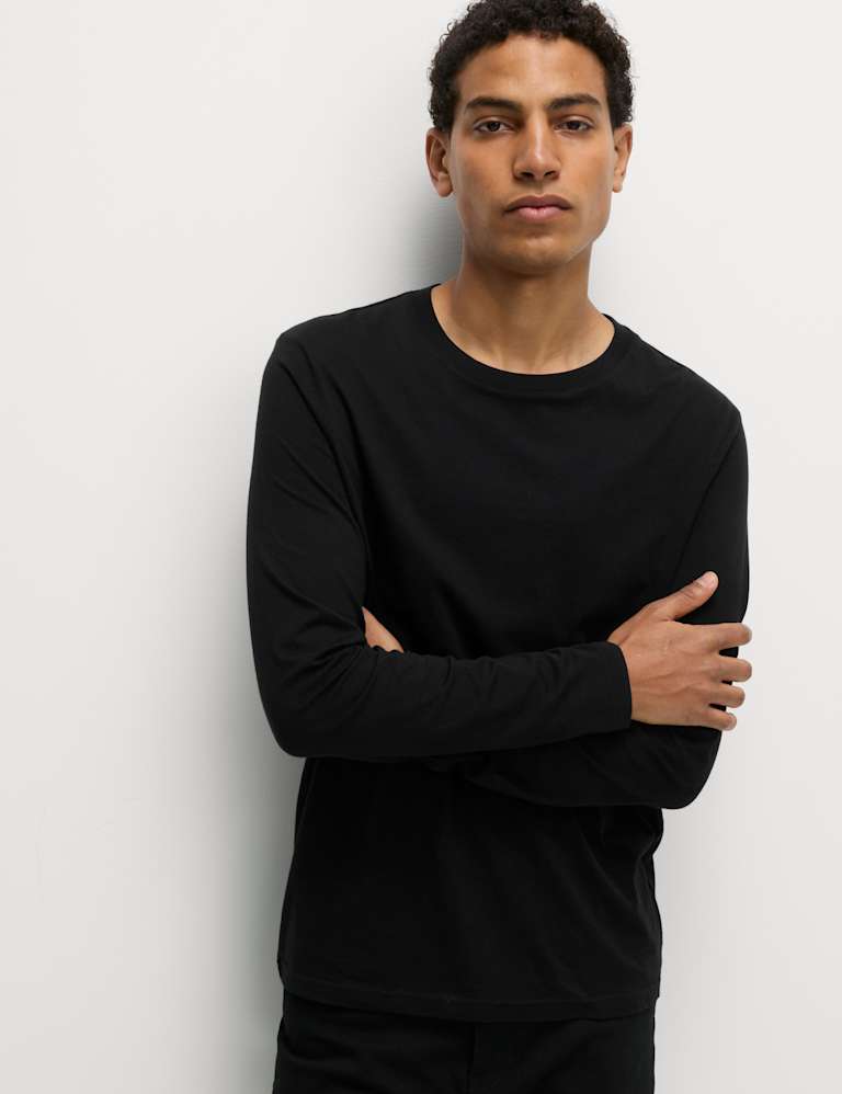 M&S Mens 2pk Pure Cotton Long Sleeve T-Shirts - SREG - Black