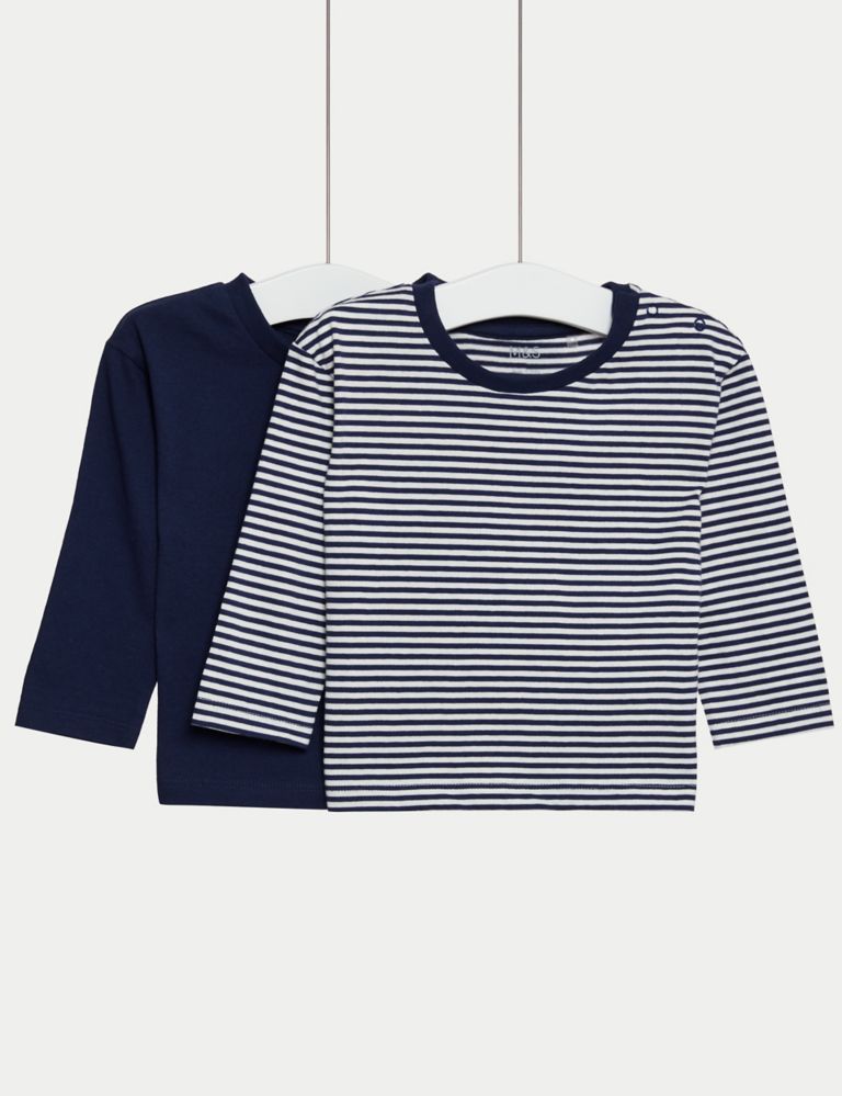 2pk Pure Cotton Plain & Striped Tops (0-3 Yrs) 1 of 4