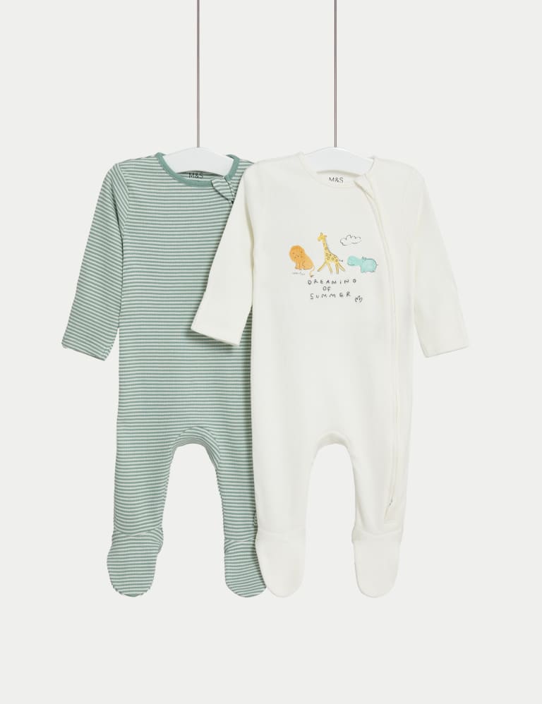 2pk Pure Cotton Striped & Safari Sleepsuits (0-3 Yrs) 1 of 5