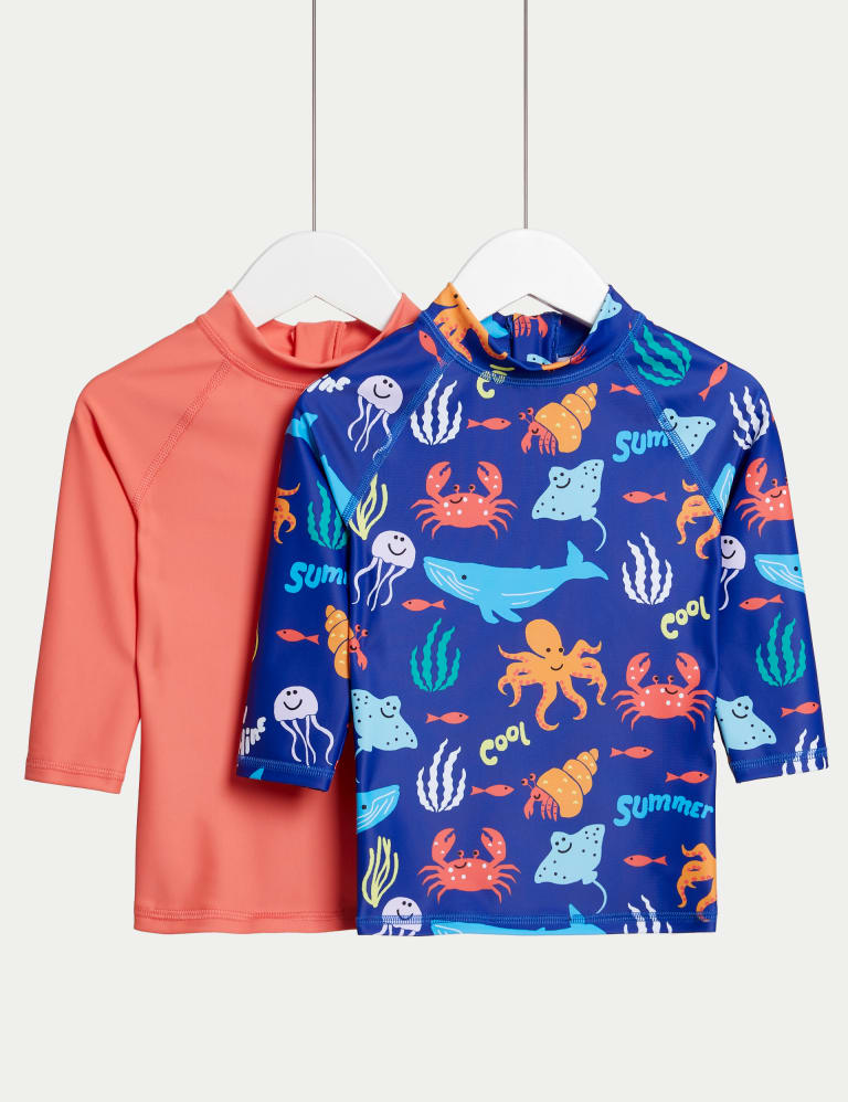 2pk Sea Print and Plain Rash Vests (2-8 Years) 1 of 1