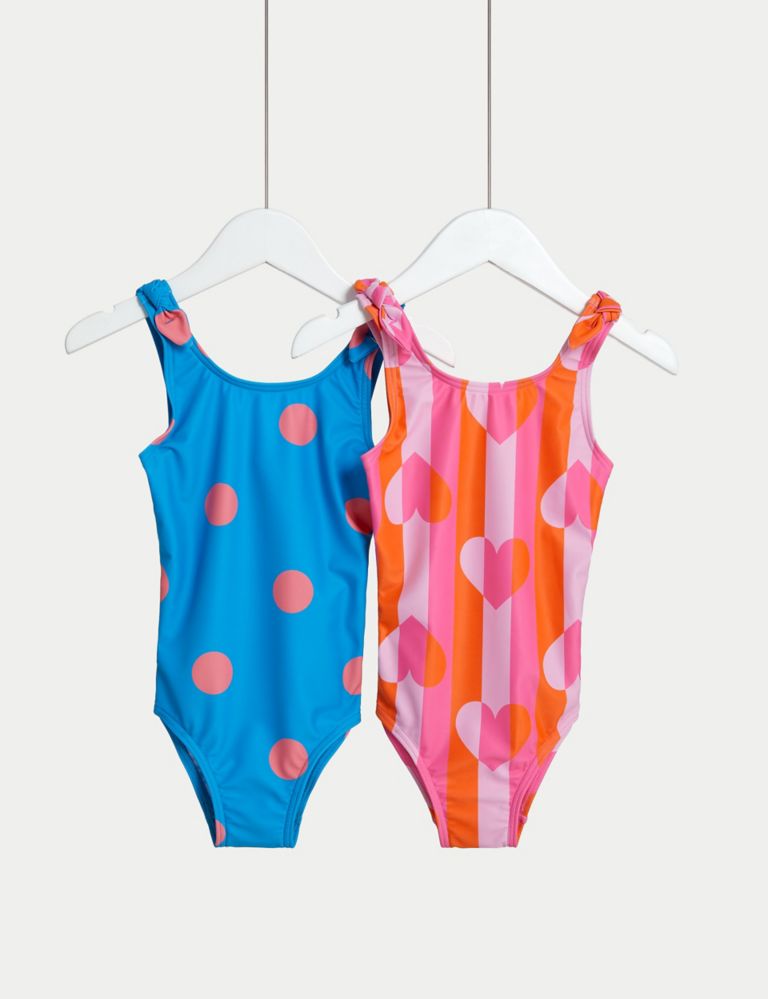 2pk Spot & Striped Heart Swimsuits (2-8 Yrs) 1 of 4