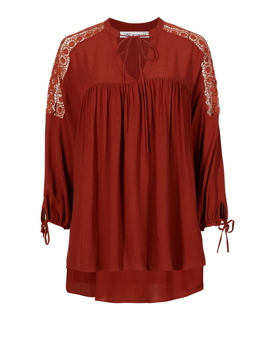 3/4 Sleeve Crinkle Effect Lace Trim Blouse 1 of 4