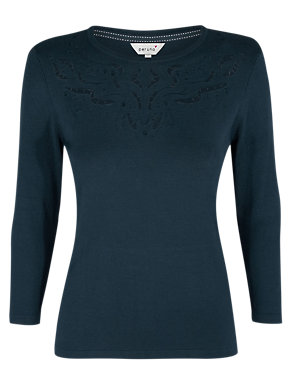 3/4 Sleeve Cutwork Knitted Top Image 2 of 7