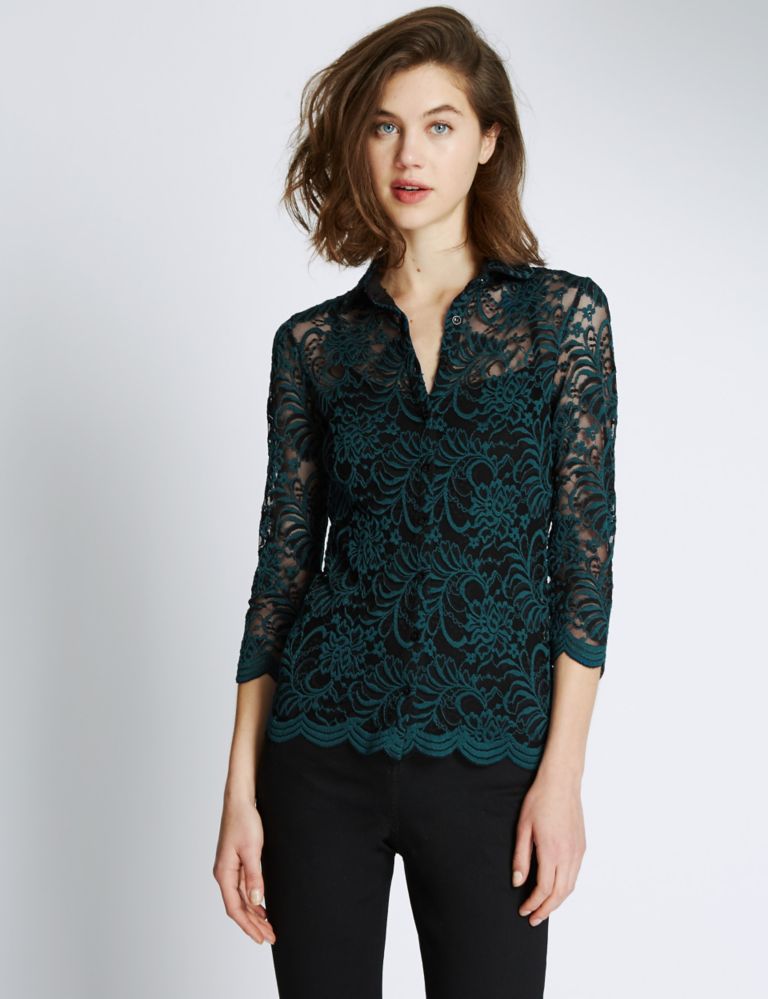 3/4 Sleeve Floral Lace Shirt 1 of 3