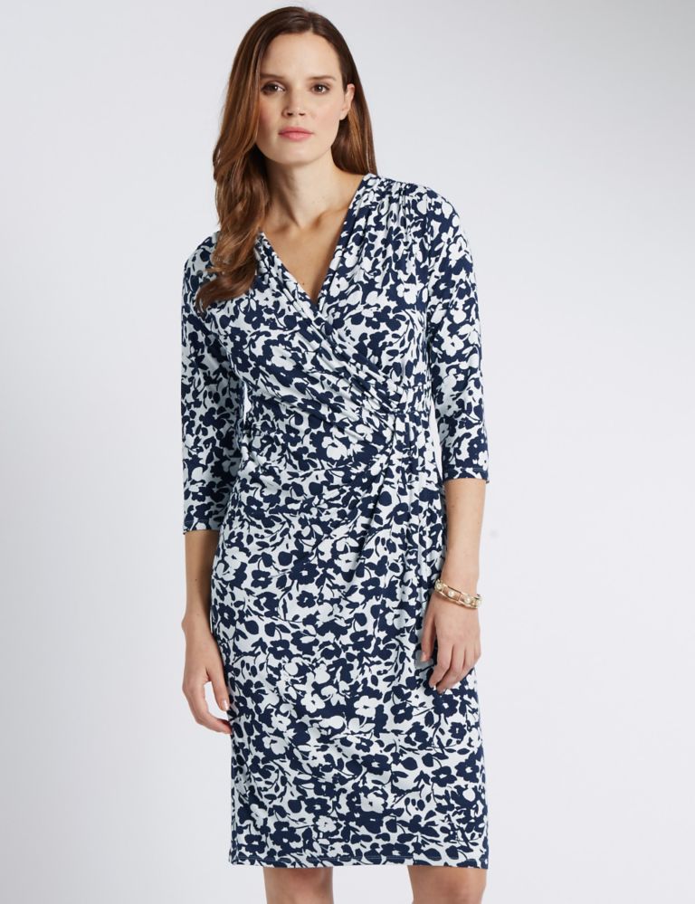 3/4 Sleeve Floral Wrap Style Bodycon Dress 1 of 3