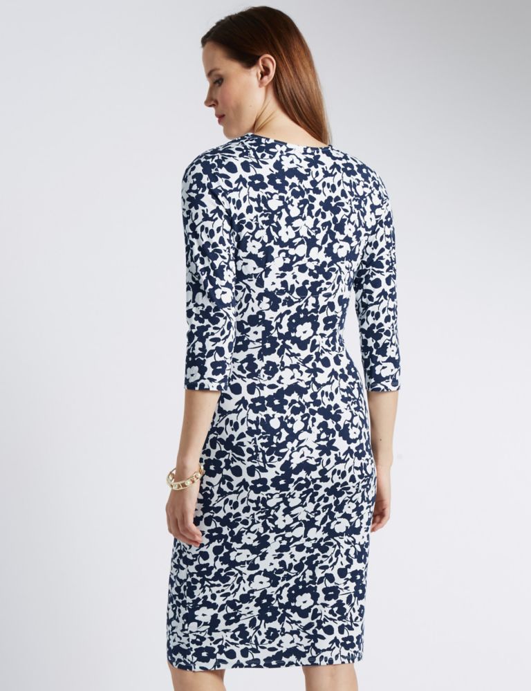 3/4 Sleeve Floral Wrap Style Bodycon Dress 3 of 3