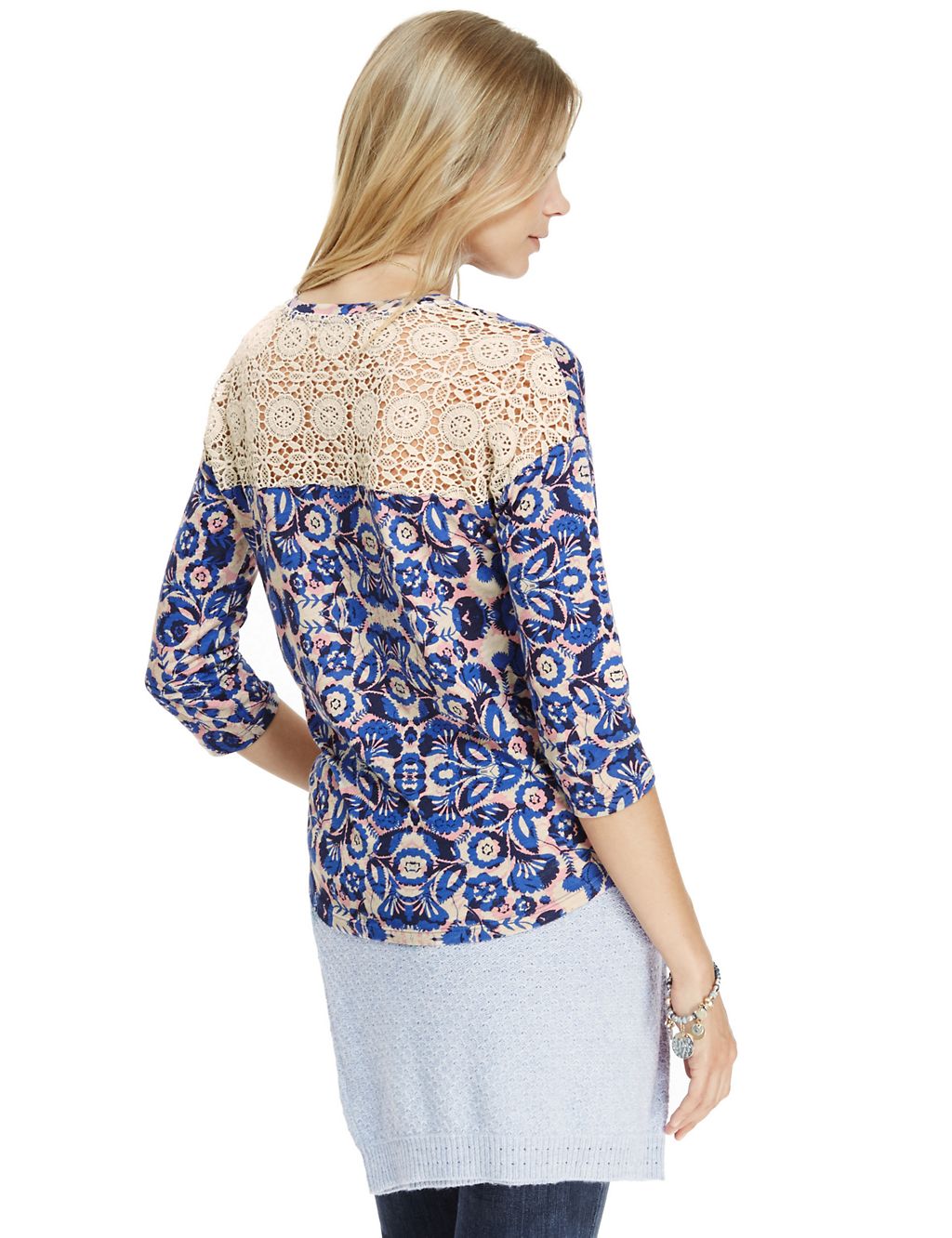 3/4 Sleeve Folk Floral Top with Modal 4 of 4