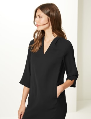 Shift Dress With 3/4 Sleeve In Black | Tessita | SilkFred US