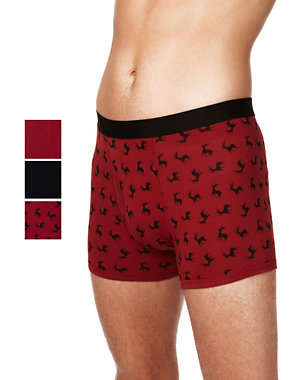 3 Pack Cool & Fresh™ Stretch Cotton Reindeer Print Trunks with StayNEW™ Image 2 of 3