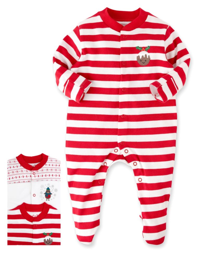 3 Pack Pure Cotton Christmas Design Sleepsuits 1 of 4