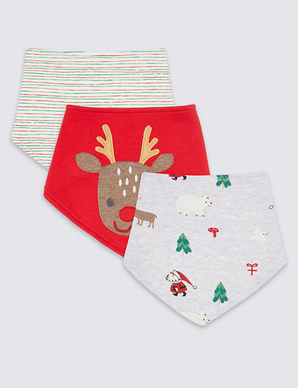 3 Pack Pure Cotton Christmas Print Bibs Image 1 of 1