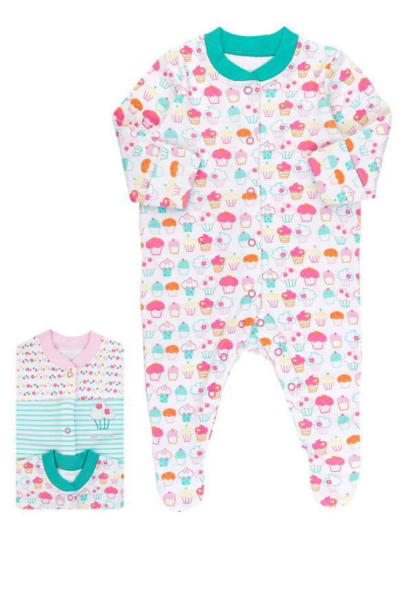 3 Pack Pure Cotton Cupcake Sleepsuits Image 1 of 1