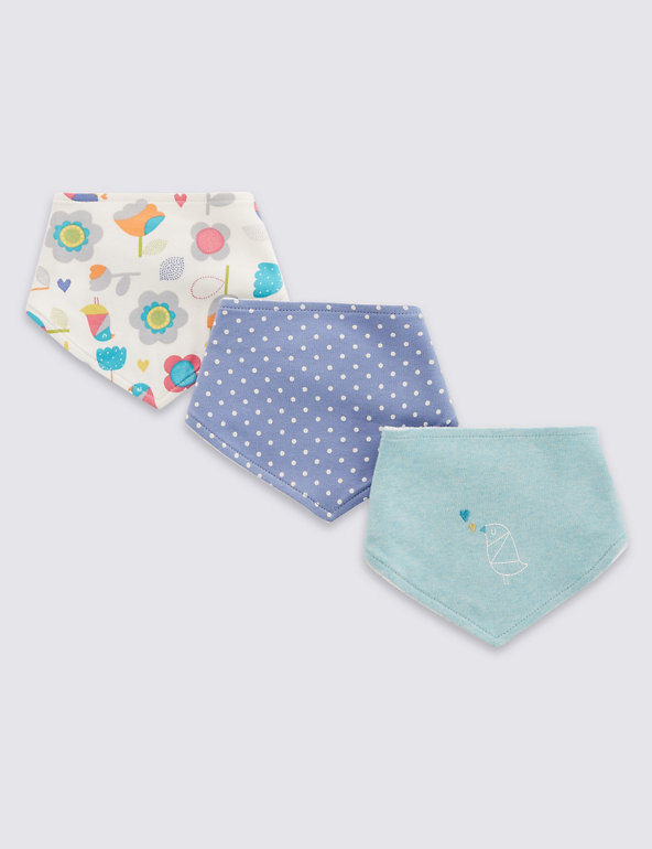 3 Pack Pure Cotton Flower and Bird Dribble Bibs Image 1 of 1