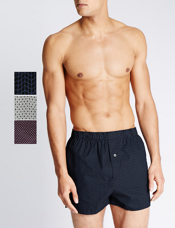 3 Pack Pure Cotton Geometric Print Boxers Image 1 of 2