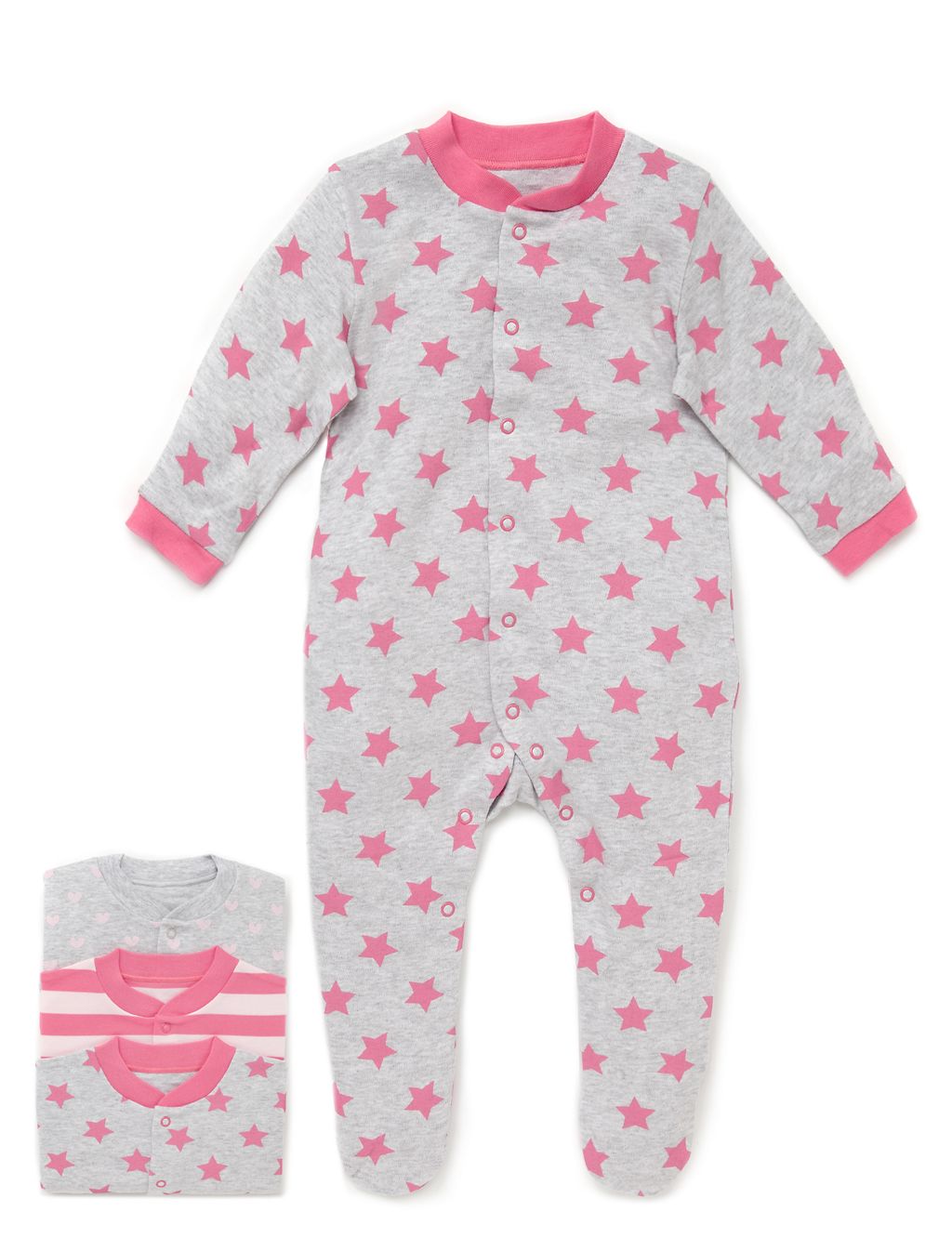 3 Pack Pure Cotton Heart & Striped Sleepsuits 3 of 7