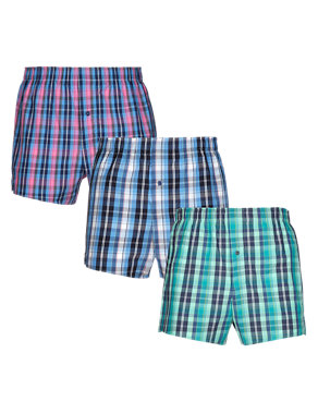 3 Pack Pure Cotton Highlight Checked Woven Boxers Image 2 of 4