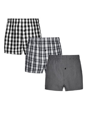 3 Pack Pure Cotton Monochrome Checked Woven Boxers Image 2 of 3