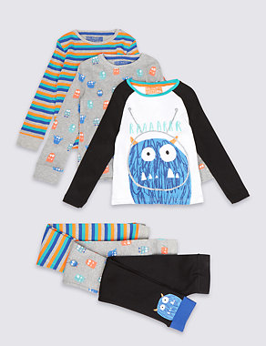 3 Pack Pure Cotton Monster Face Pyjamas (1-8 Years) Image 2 of 9