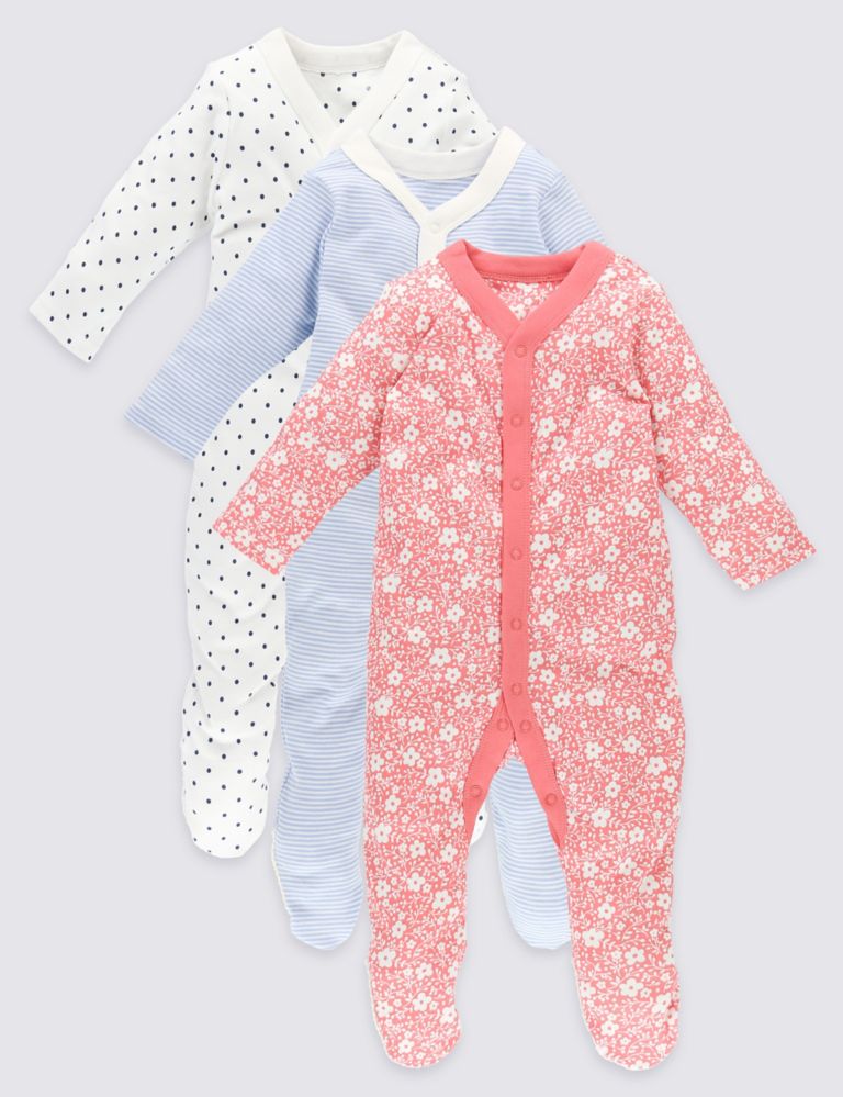 3 Pack Pure Cotton Sleepsuits 1 of 9