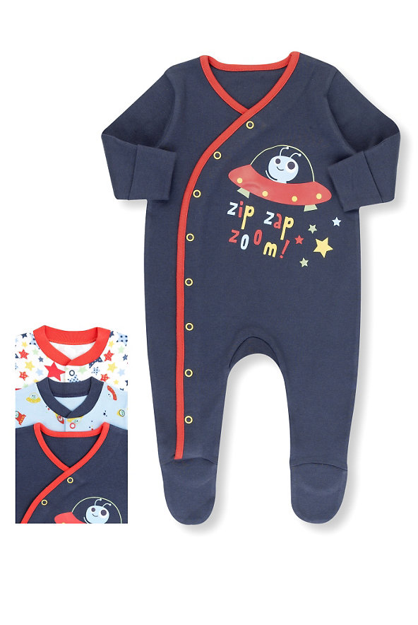 3 Pack Pure Cotton Space Sleepsuits Image 1 of 1