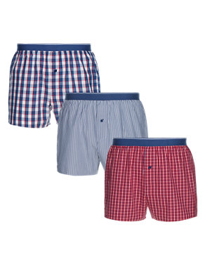 3 Pack Pure Cotton Striped & Checked Woven Boxers Image 2 of 4