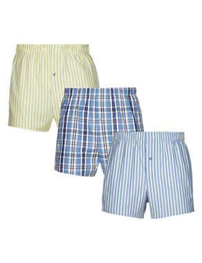 3 Pack Pure Cotton Striped & Checked Woven Boxers with StayNEW™ Image 2 of 4