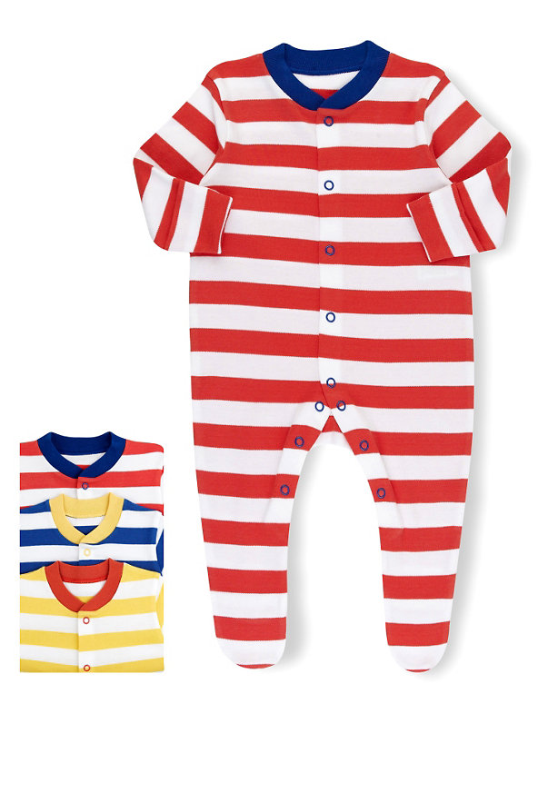 3 Pack Pure Cotton Striped Sleepsuits Image 1 of 1