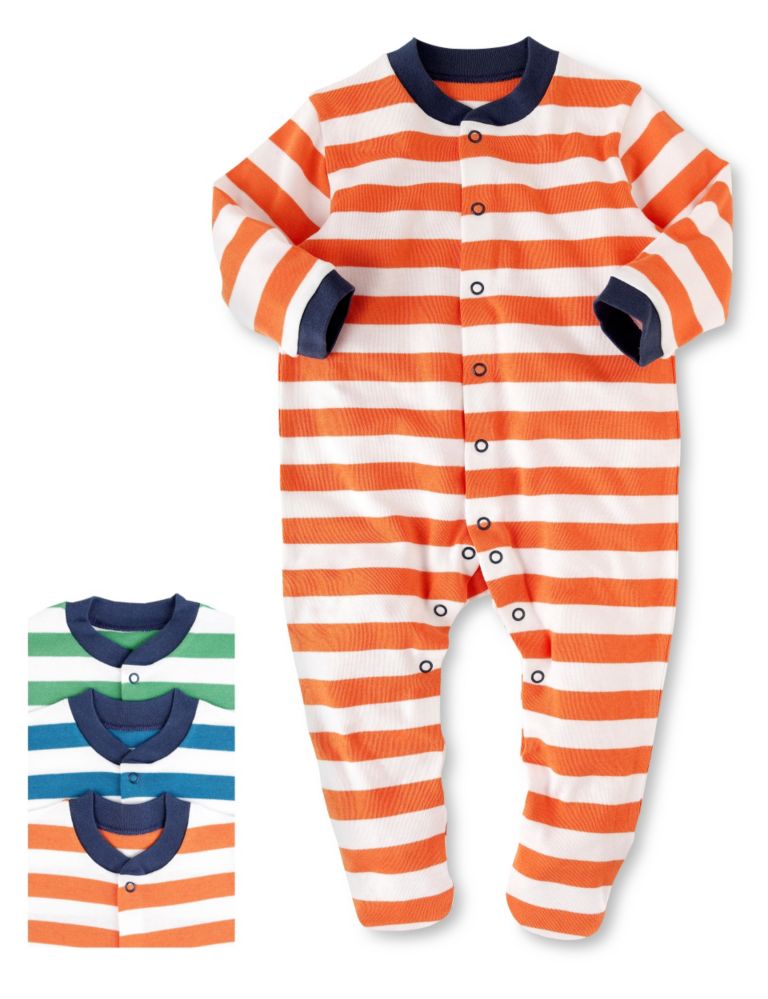 3 Pack Pure Cotton Striped Sleepsuits 1 of 4