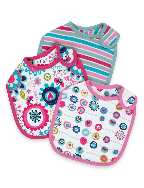 3 Pack Pure Cottton Striped & Floral Bibs Image 1 of 2