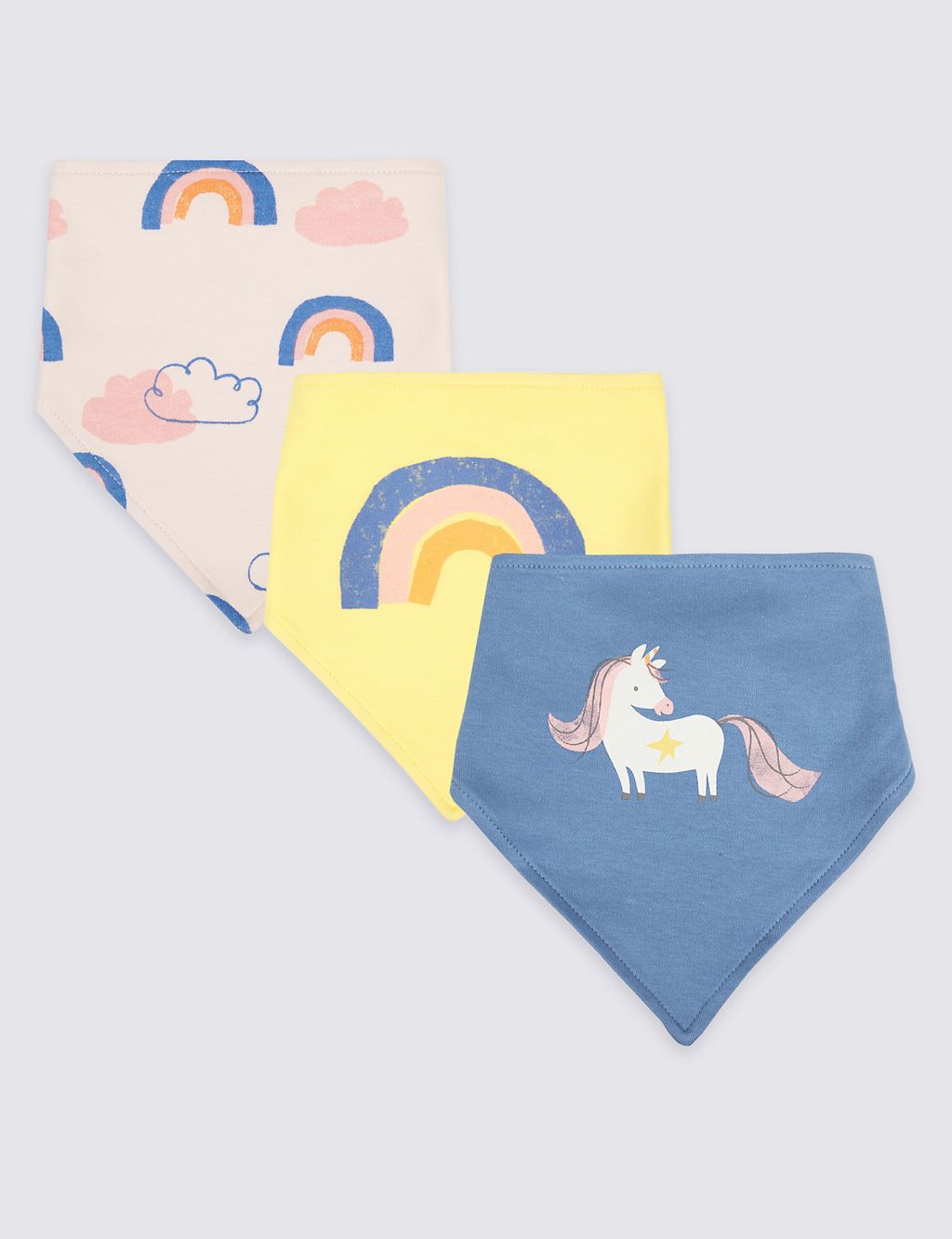 3 Pack Rainbow Unicorn Print Pure Cotton Dribble Bibs 1 of 2