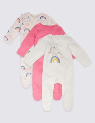 3 Pack Rainbow Unicorn Print Pure Cotton Sleepsuits M S