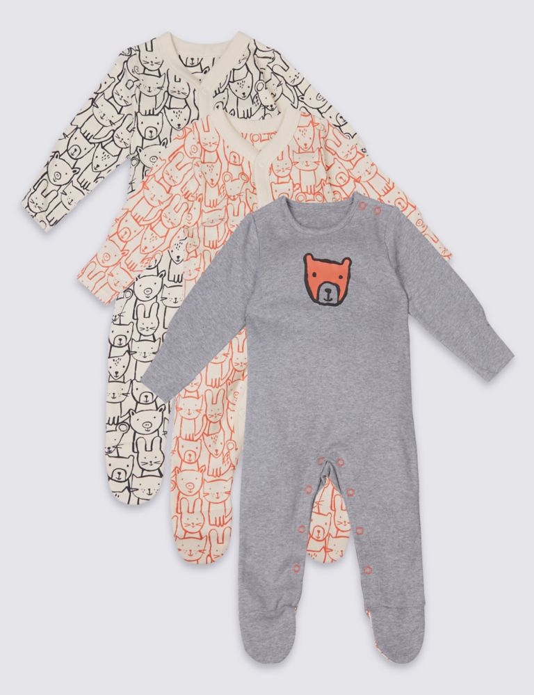 3 Pack Teddy & Friends Cotton Sleepsuits 1 of 9