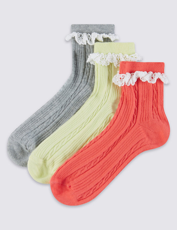 3 Pairs of Cotton Rich Frill Trim Socks (5-14 Years) Image 1 of 1