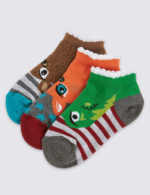 3 Pairs of Cotton Rich Novelty Animal Design Trainer Liner Socks (5-14 Years) Image 1 of 1
